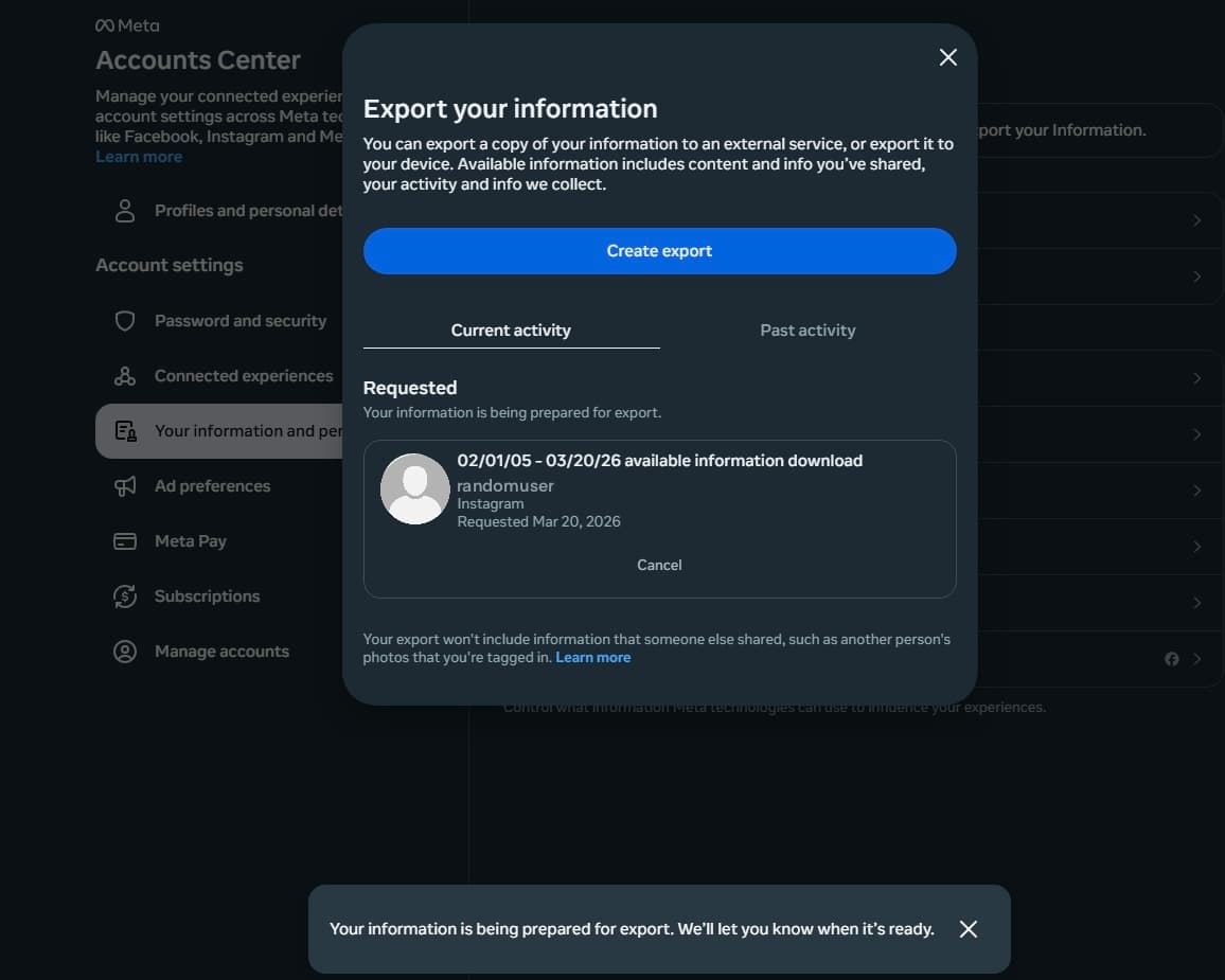 Instagram export settings with All time and Medium media quality selected.
