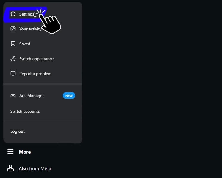 Instagram menu with settings entry.