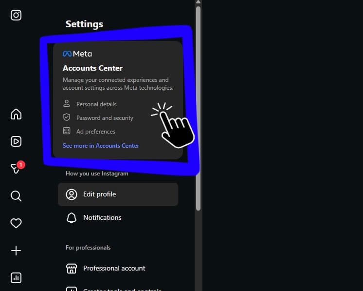 Instagram settings area leading into Accounts Center.