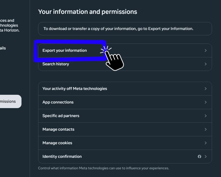 Accounts Center area showing your information and permissions.