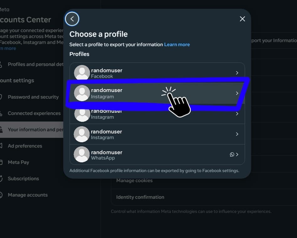 Instagram export request flow.