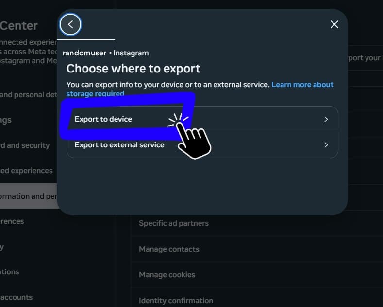 Instagram export settings screen.