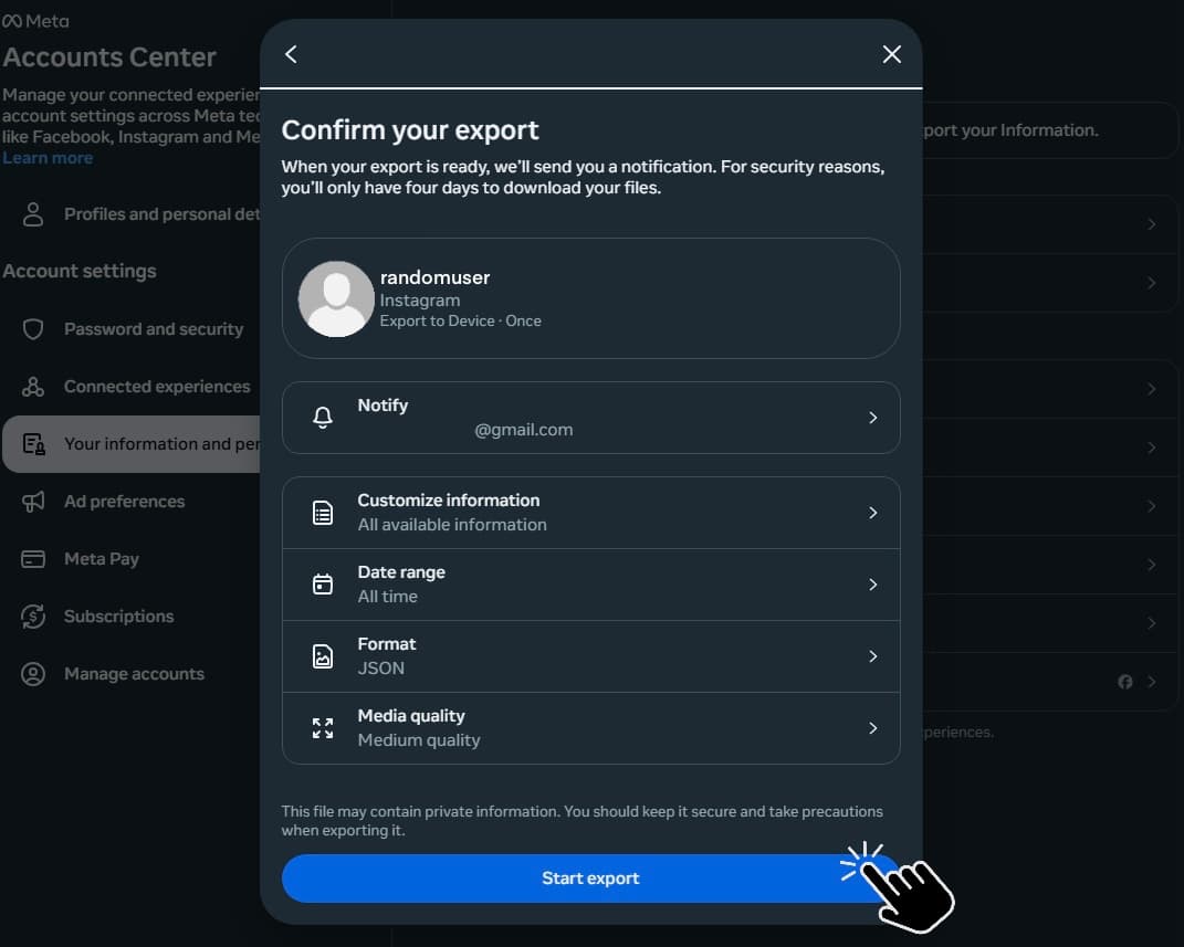 Instagram export settings with JSON format highlighted.